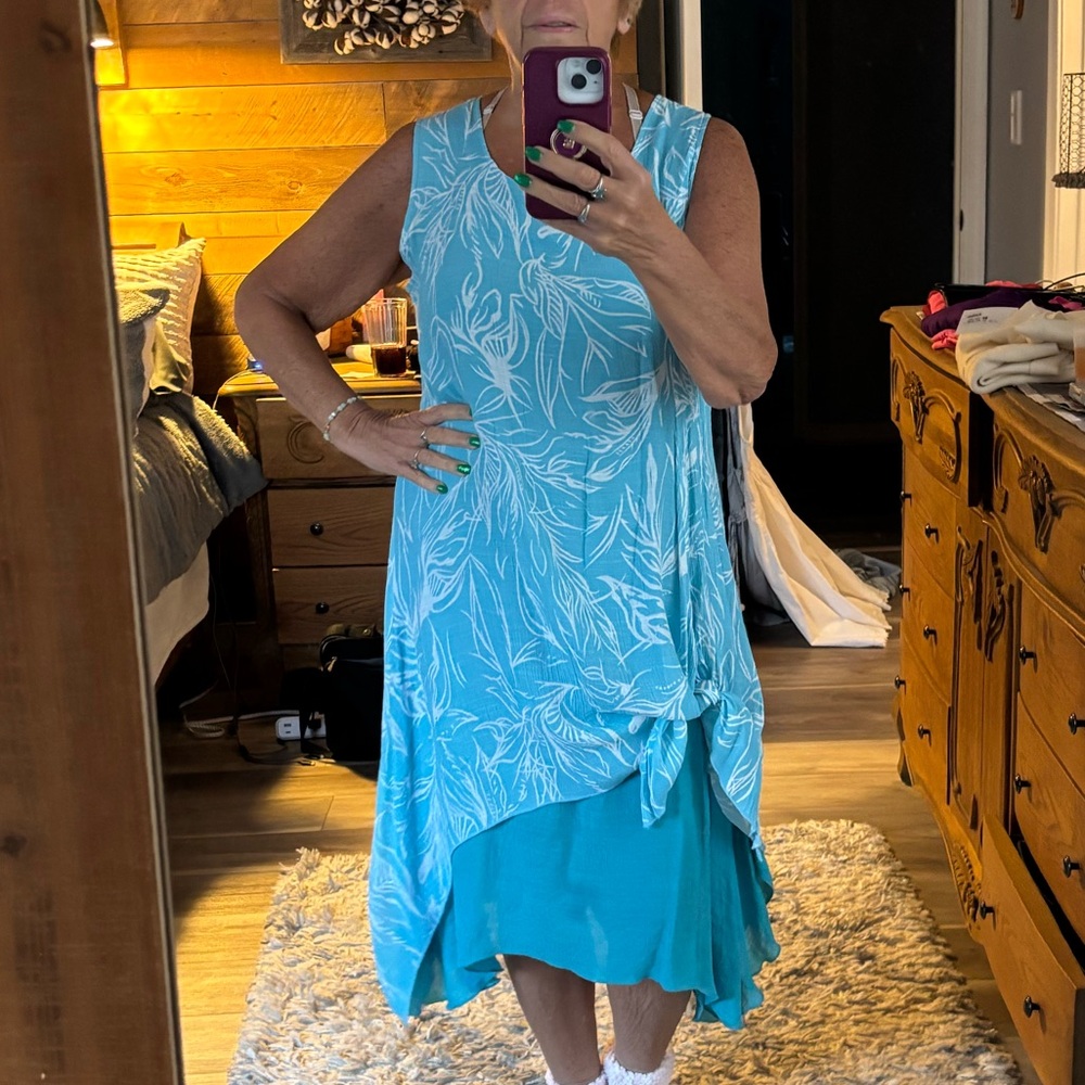 Sleeveless Aqua Floral Layered Dress Size Large